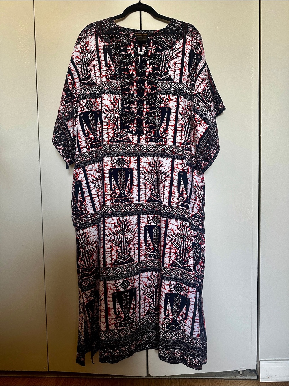 Vintage Bohemian Thai Hand Screen Printed WINSOME Half Zip Cotton Kaftan Dress M